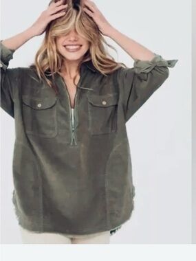 Offline by Aerie Corduroy Quarter Zip Oversized Shacket Bunker Olive Medium